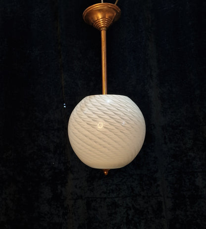 Unusual Art Deco Copper French 1 Light Pendant Bowl Swirl Glass Shade Light