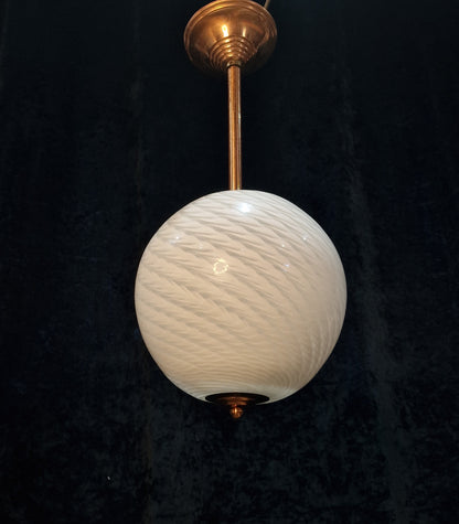 Unusual Art Deco Copper French 1 Light Pendant Bowl Swirl Glass Shade Light