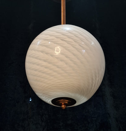 Unusual Art Deco Copper French 1 Light Pendant Bowl Swirl Glass Shade Light