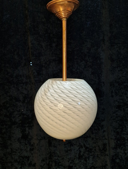 Unusual Art Deco Copper French 1 Light Pendant Bowl Swirl Glass Shade Light