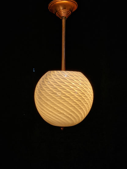 Unusual Art Deco Copper French 1 Light Pendant Bowl Swirl Glass Shade Light