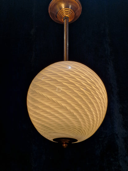 Unusual Art Deco Copper French 1 Light Pendant Bowl Swirl Glass Shade Light