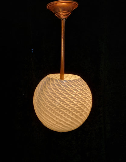 Unusual Art Deco Copper French 1 Light Pendant Bowl Swirl Glass Shade Light