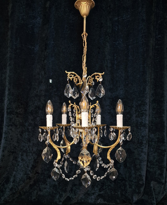 Lovely Vintage Italian 5 Arm Brass Onyx Crystal Leaf Chandelier Ceiling Light