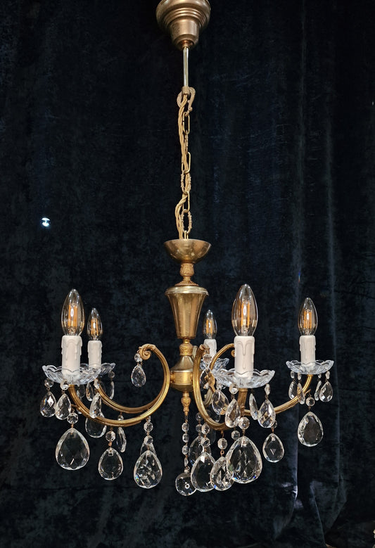 Elegant Vintage Italian 5 Arm Brass Crystal Leaf Chandelier Ceiling Light