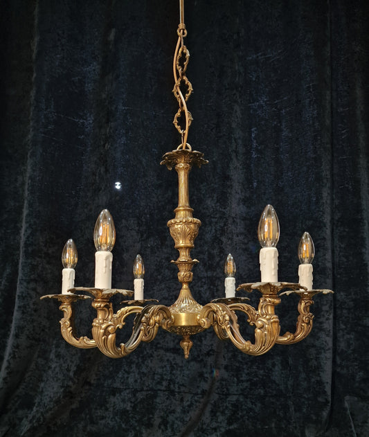 Traditional Antique French Heavy 6 Arm Brass Rococo Style Chandelier Light