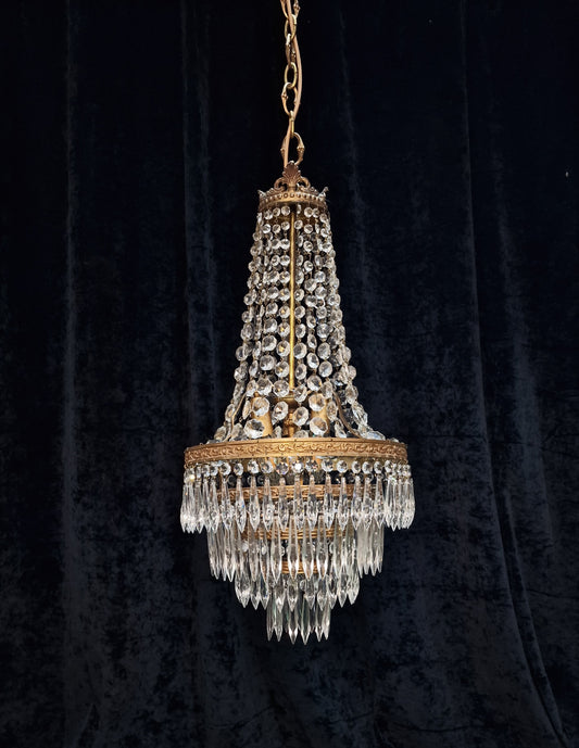 Gorgeous Antique French 3 Light Crystal Brass Montgolfiere Waterfall Chandelier