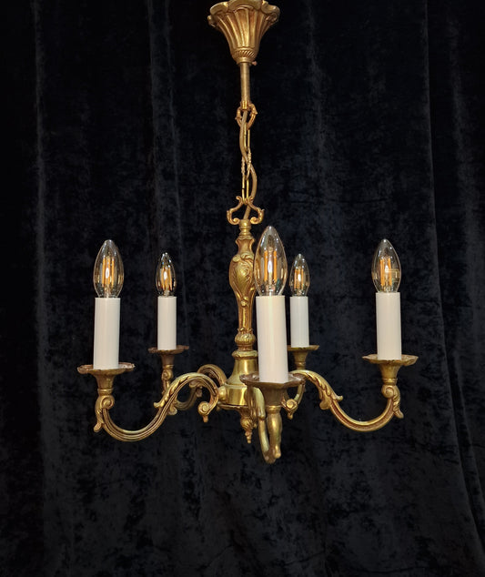 Traditional Antique French Heavy 5 Arm Bronze Rococo Style Chandelier Light