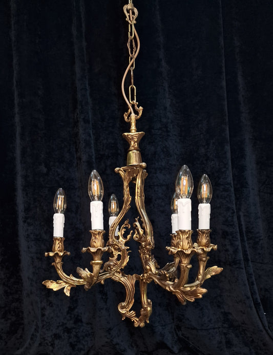 Fabulous Heavy Antique French Solid Brass 6 Arm Rococo Style Chandelier Light