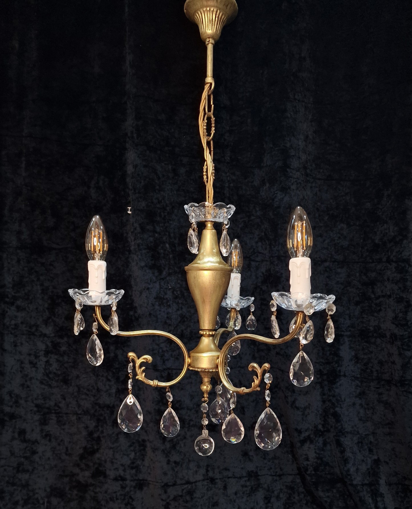 Lovely Vintage Italian 3 Arm Gilded Crystal Chandelier Ceiling Light