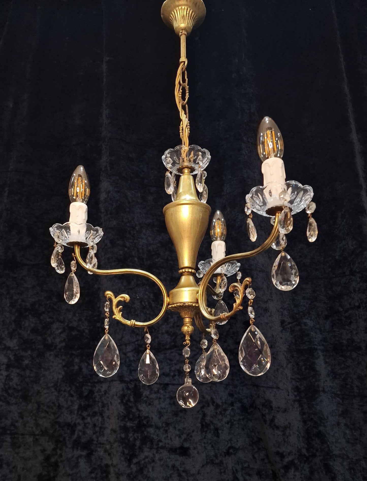 Lovely Vintage Italian 3 Arm Gilded Crystal Chandelier Ceiling Light