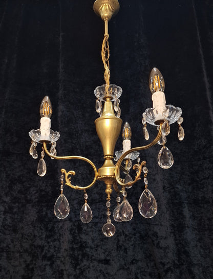 Lovely Vintage Italian 3 Arm Gilded Crystal Chandelier Ceiling Light
