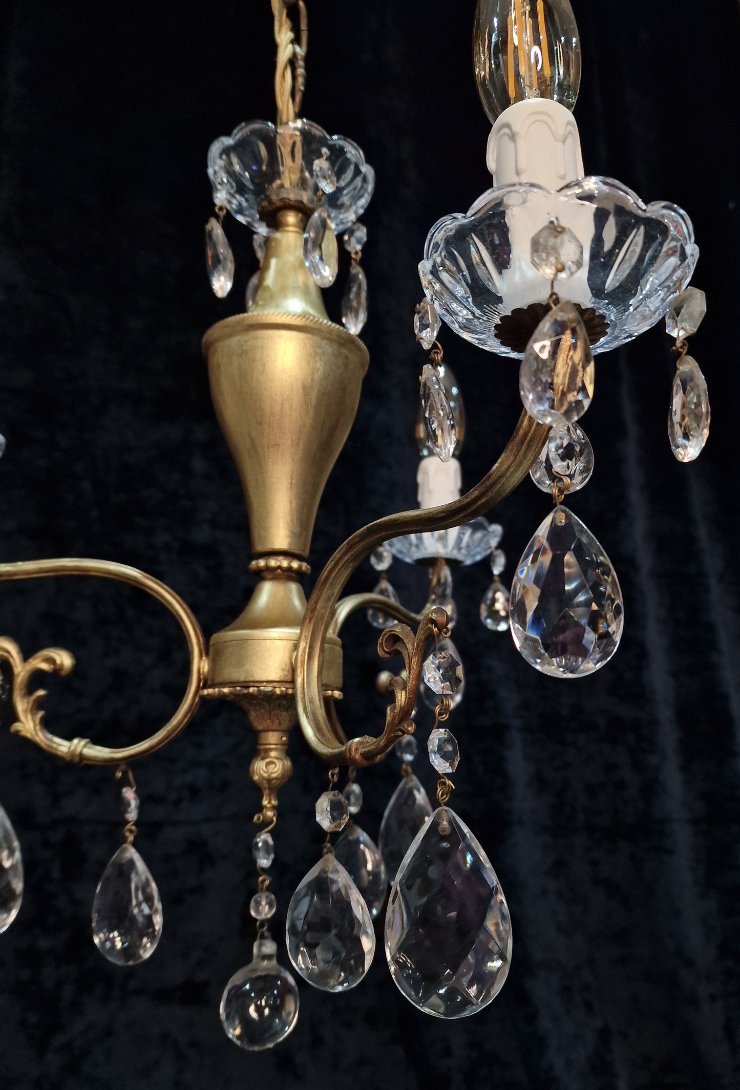 Lovely Vintage Italian 3 Arm Gilded Crystal Chandelier Ceiling Light