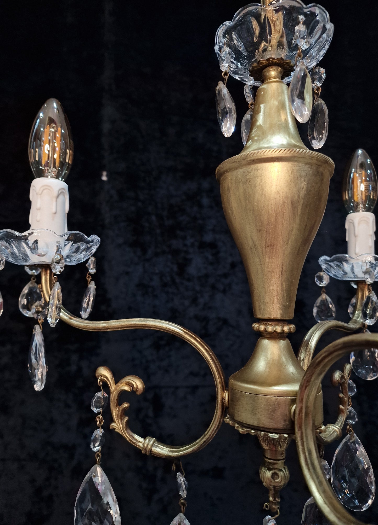 Lovely Vintage Italian 3 Arm Gilded Crystal Chandelier Ceiling Light