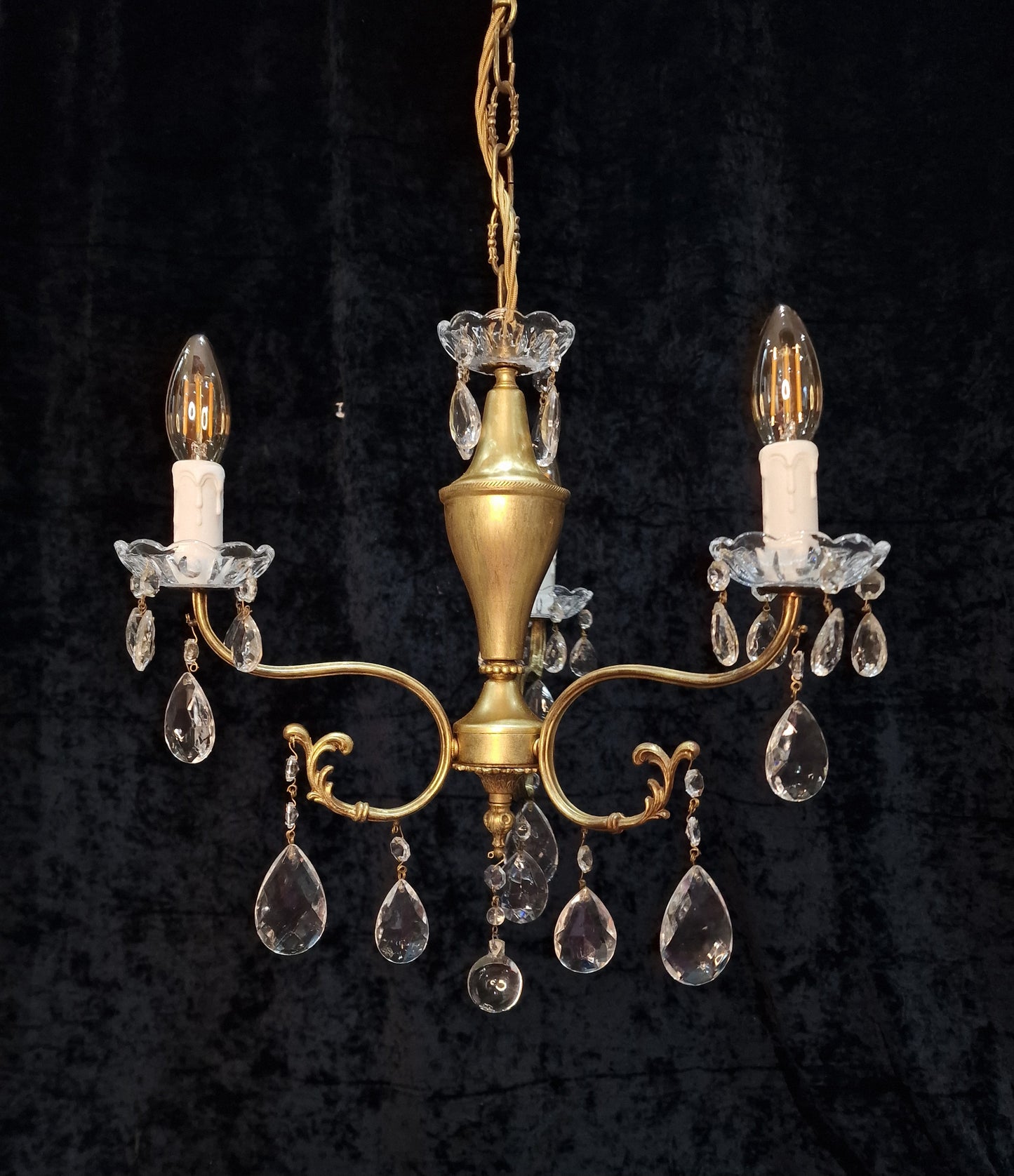 Lovely Vintage Italian 3 Arm Gilded Crystal Chandelier Ceiling Light