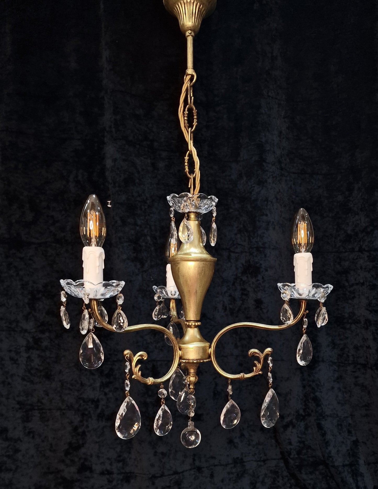 Lovely Vintage Italian 3 Arm Gilded Crystal Chandelier Ceiling Light