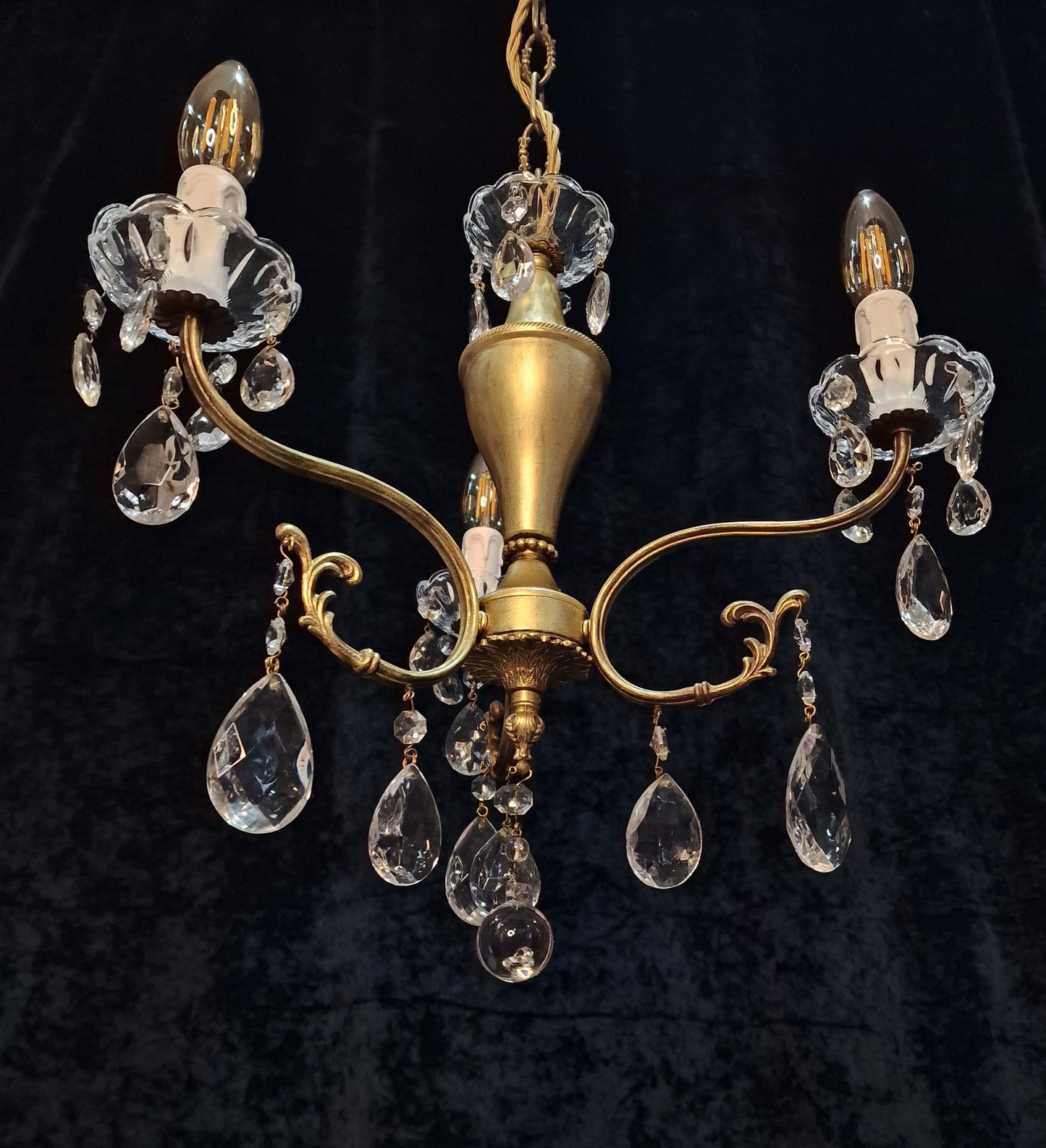 Lovely Vintage Italian 3 Arm Gilded Crystal Chandelier Ceiling Light