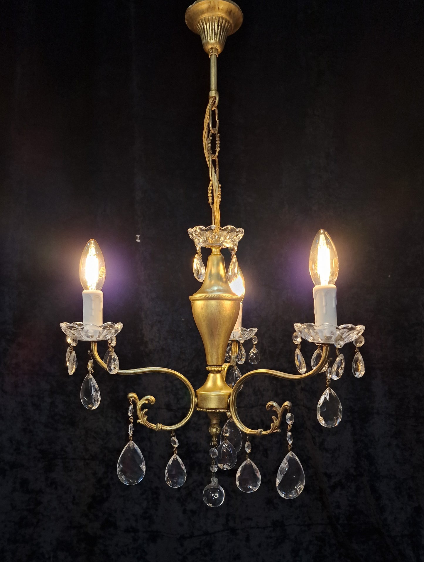 Lovely Vintage Italian 3 Arm Gilded Crystal Chandelier Ceiling Light