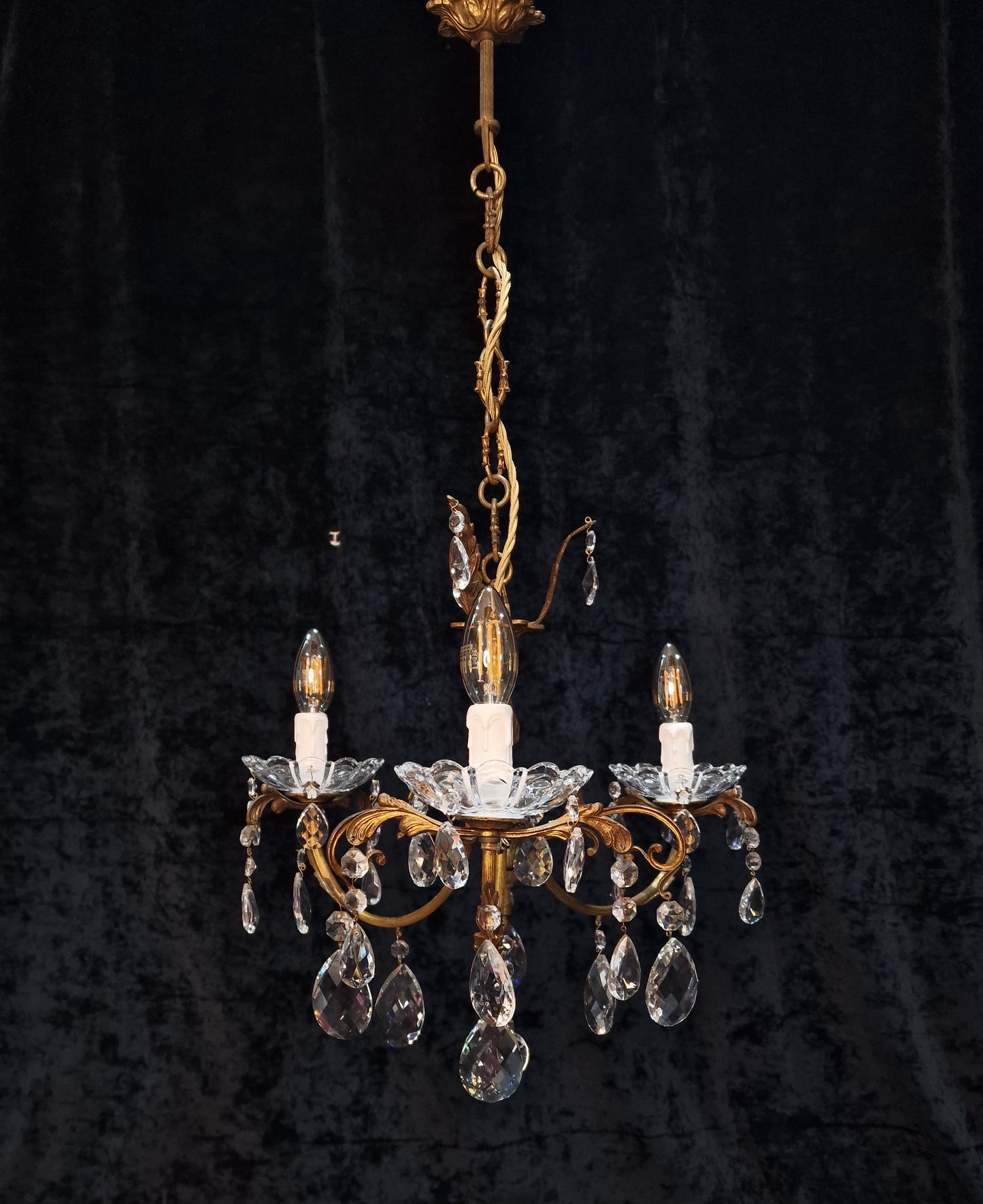 Gorgeous Antique French 3 Arm Brass Crystal Leaf Chandelier Ceiling Light