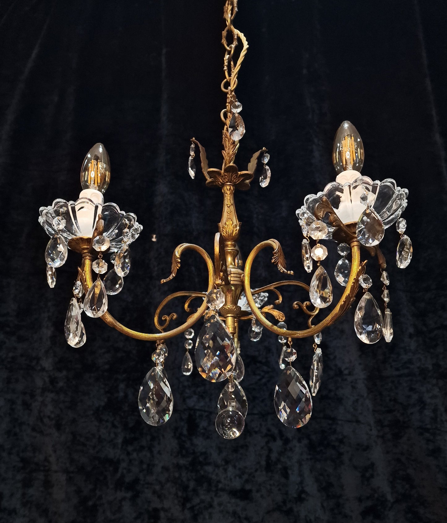 Gorgeous Antique French 3 Arm Brass Crystal Leaf Chandelier Ceiling Light