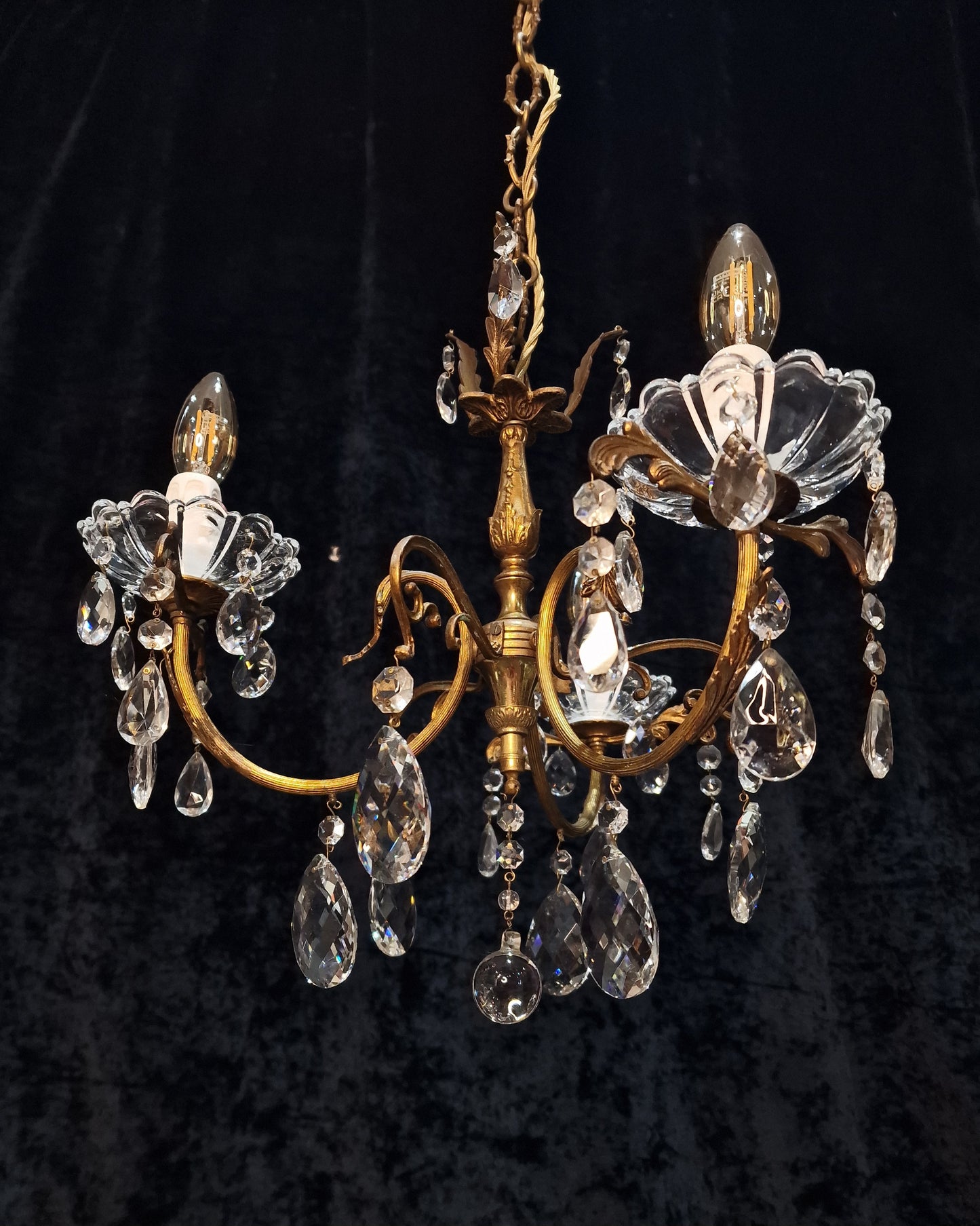 Gorgeous Antique French 3 Arm Brass Crystal Leaf Chandelier Ceiling Light