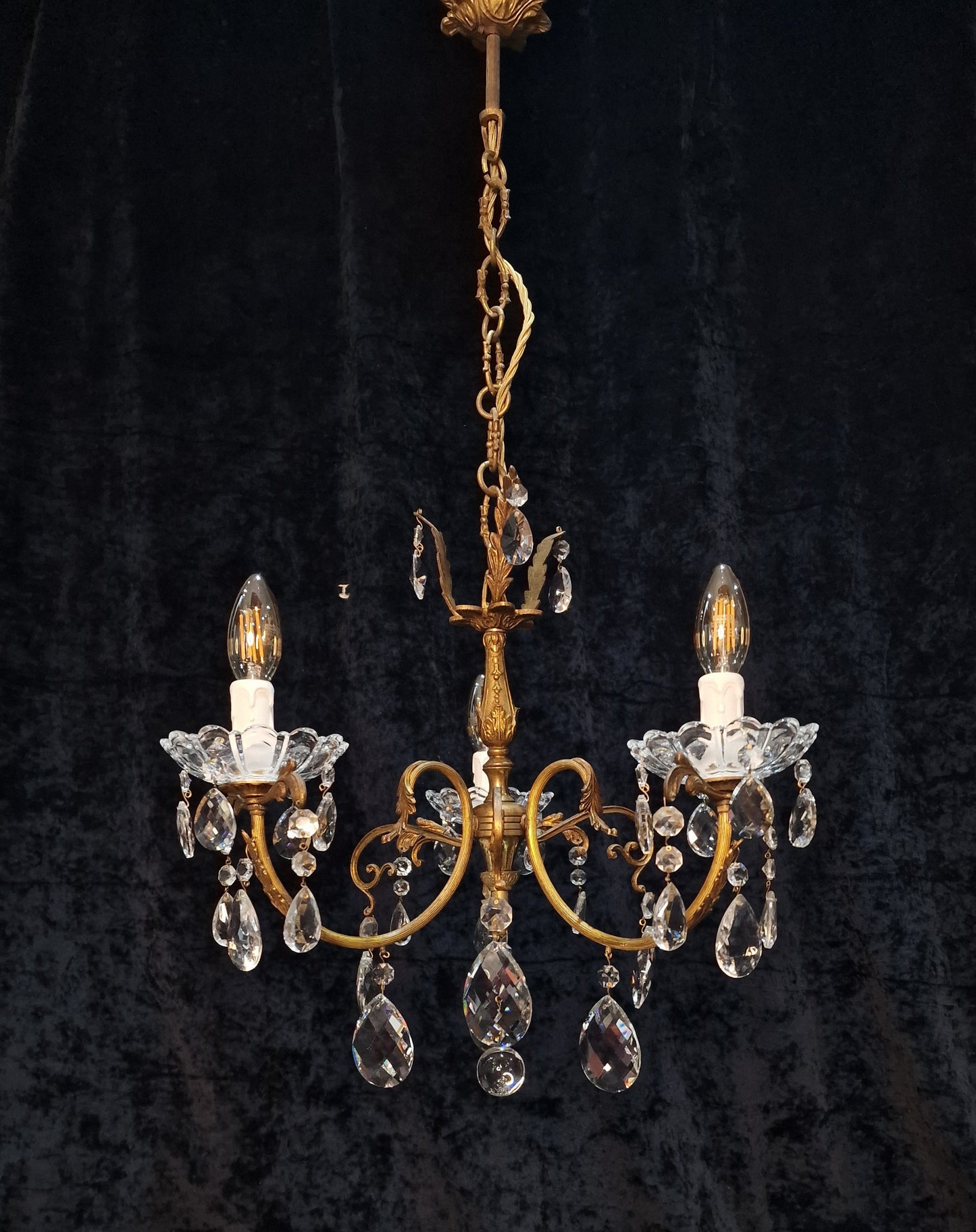 Gorgeous Antique French 3 Arm Brass Crystal Leaf Chandelier Ceiling Light