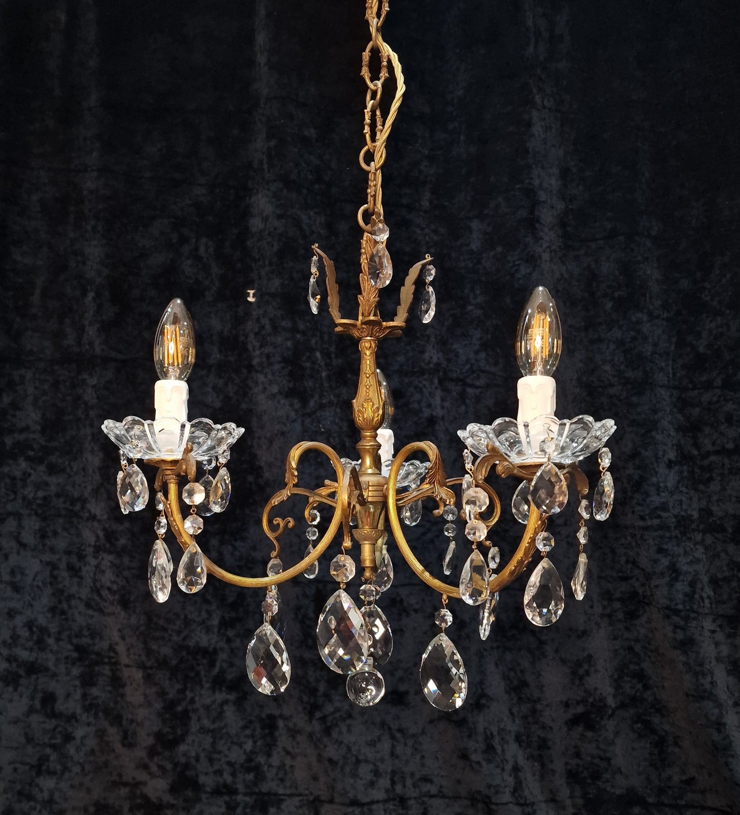 Gorgeous Antique French 3 Arm Brass Crystal Leaf Chandelier Ceiling Light