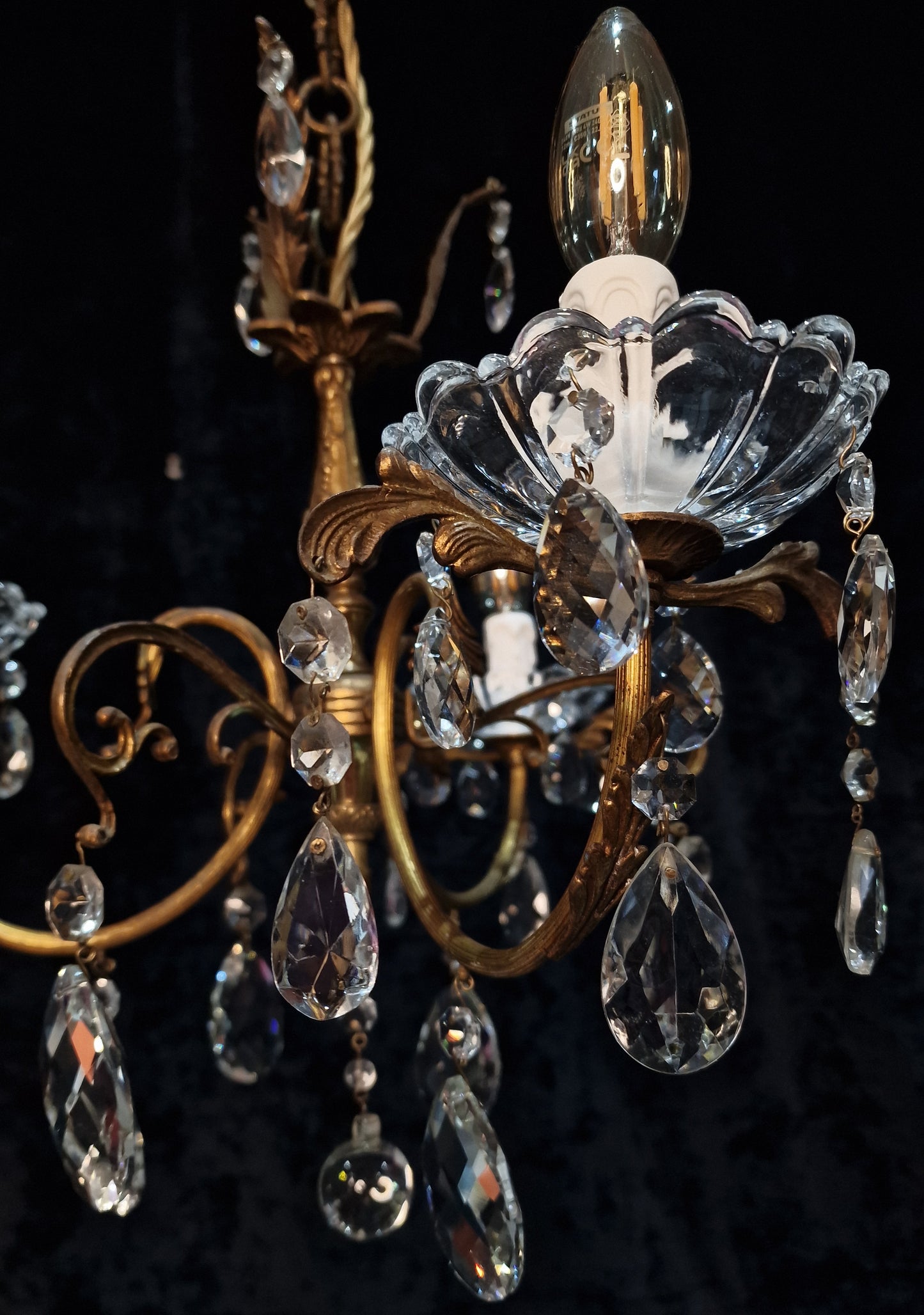 Gorgeous Antique French 3 Arm Brass Crystal Leaf Chandelier Ceiling Light