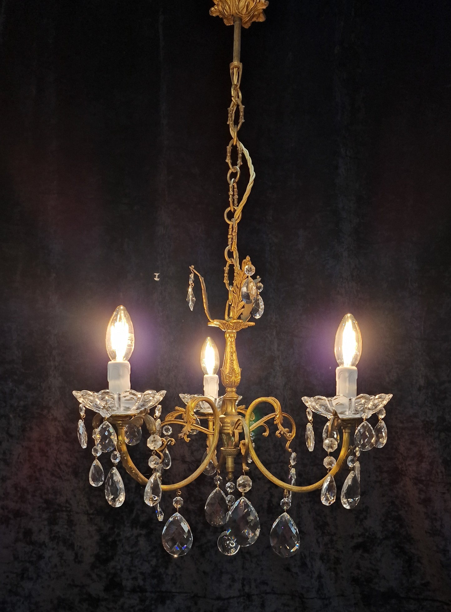 Gorgeous Antique French 3 Arm Brass Crystal Leaf Chandelier Ceiling Light