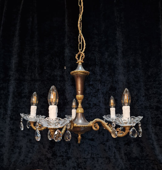 Traditional Antique French 5 Arm Aged Brass Crystal Chandelier Ceiling Light