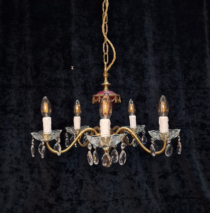 Unusual Vintage French Heavy Brass Empire Style 5 Arm Crystal Chandelier Light