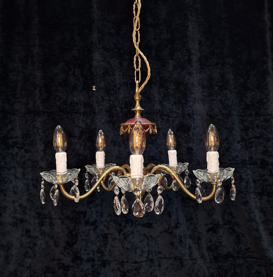 Unusual Vintage French Heavy Brass Empire Style 5 Arm Crystal Chandelier Light