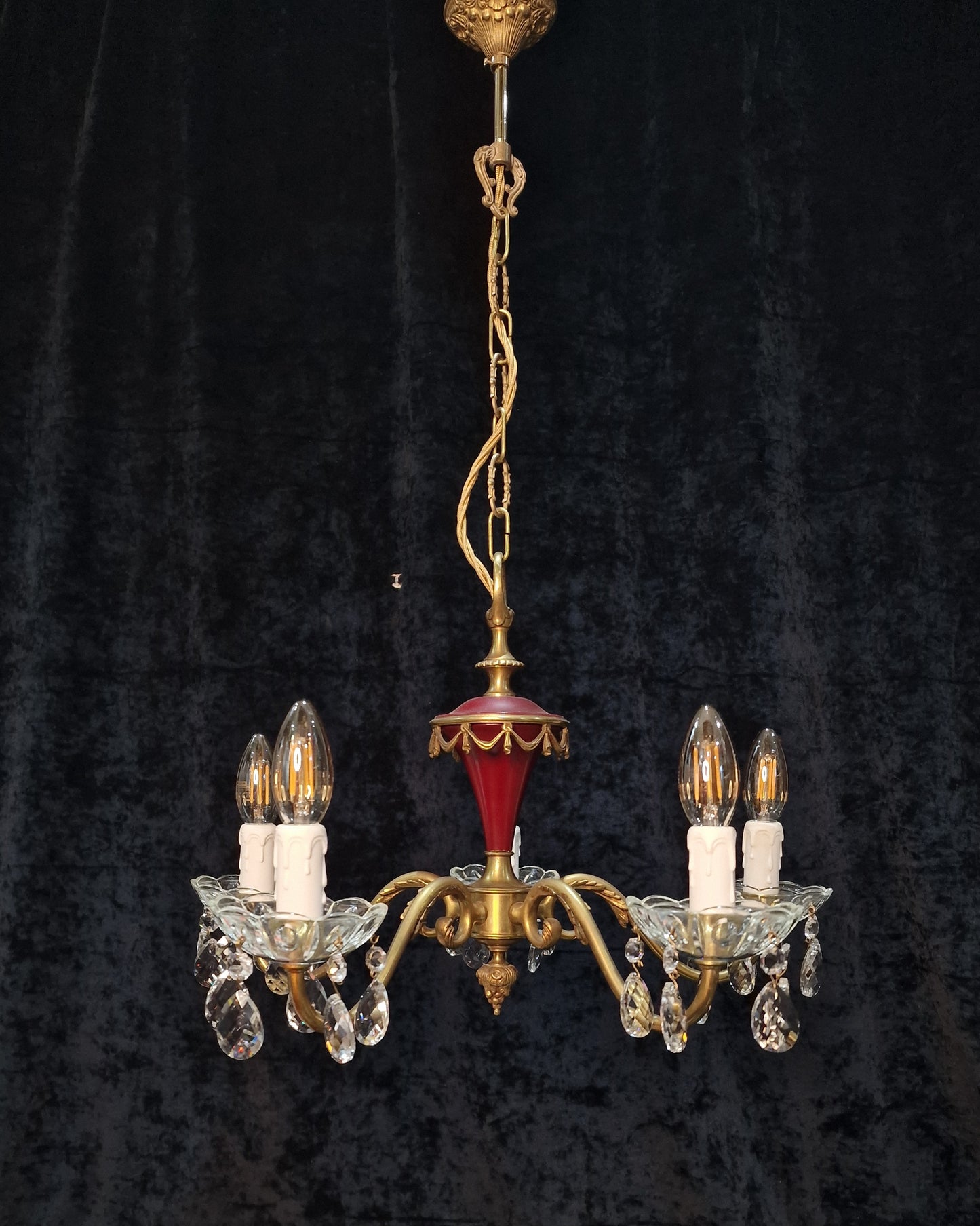 Unusual Vintage French Heavy Brass Empire Style 5 Arm Crystal Chandelier Light