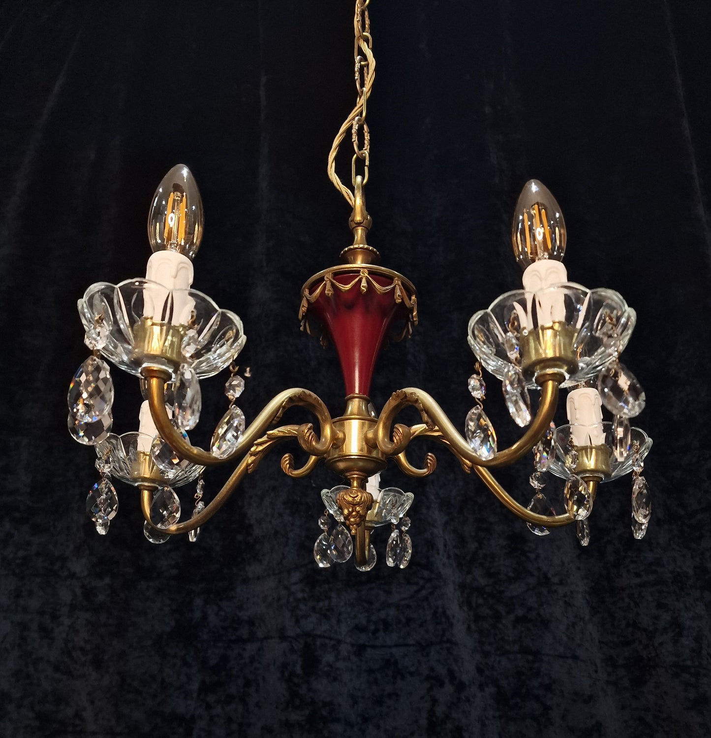 Unusual Vintage French Heavy Brass Empire Style 5 Arm Crystal Chandelier Light