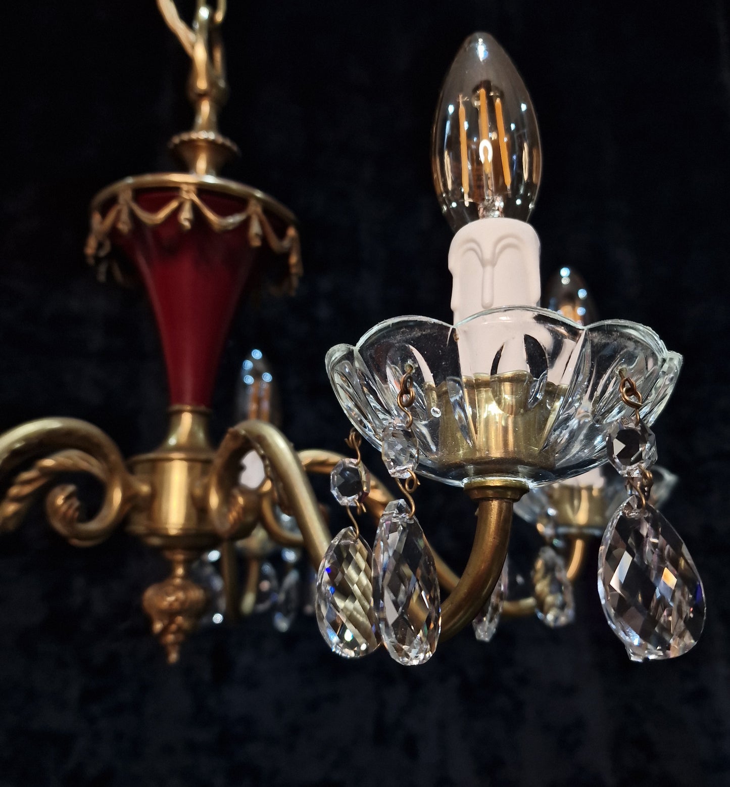 Unusual Vintage French Heavy Brass Empire Style 5 Arm Crystal Chandelier Light