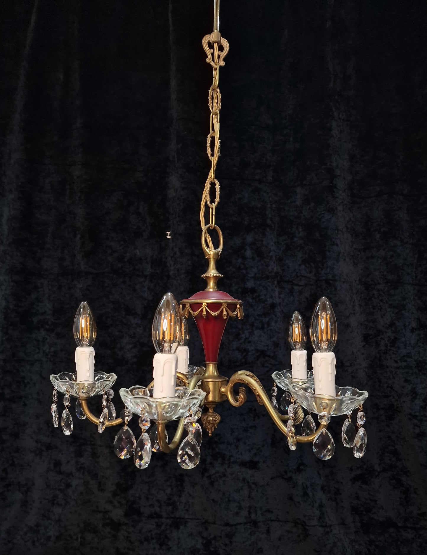 Unusual Vintage French Heavy Brass Empire Style 5 Arm Crystal Chandelier Light