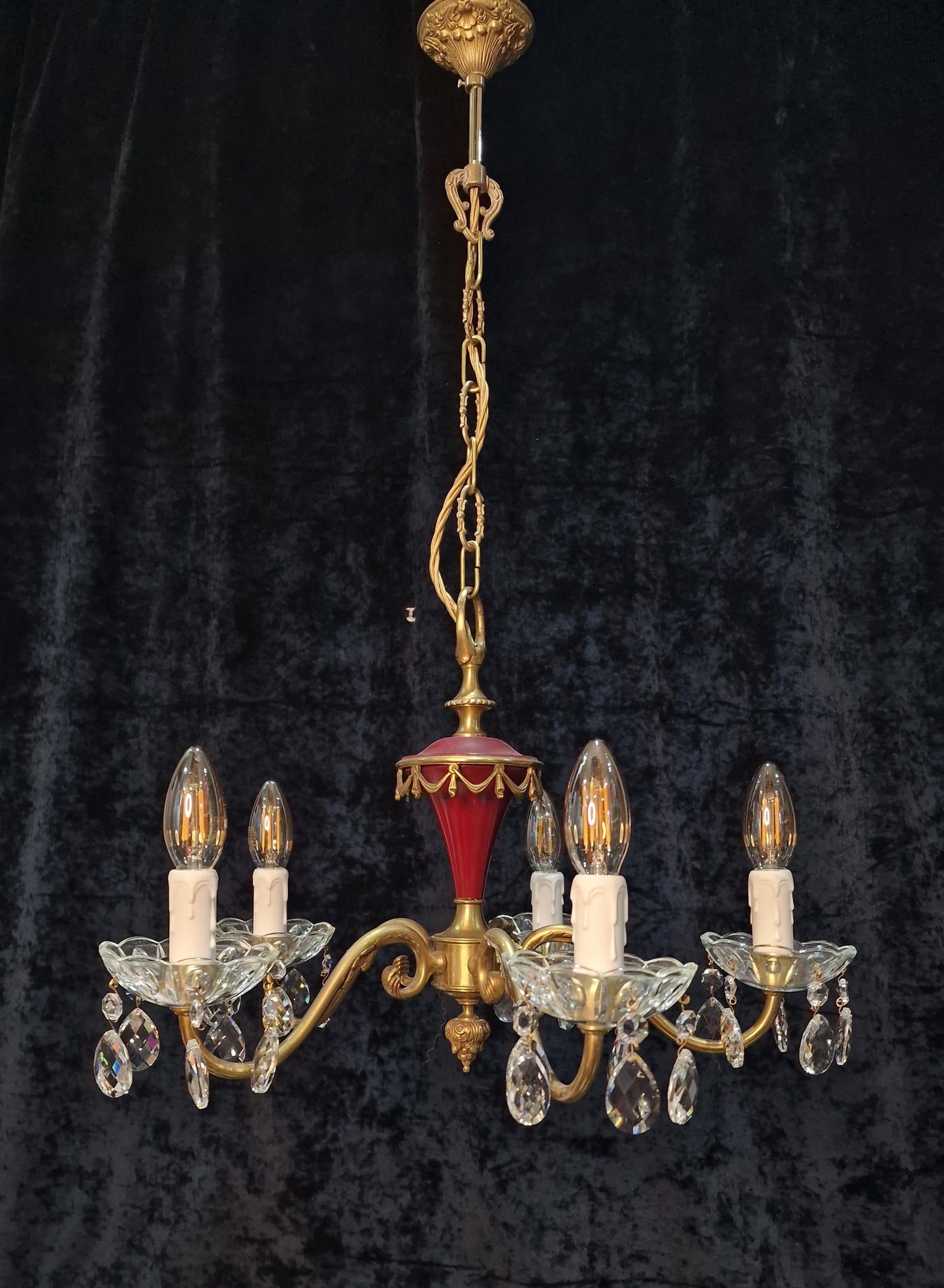 Unusual Vintage French Heavy Brass Empire Style 5 Arm Crystal Chandelier Light