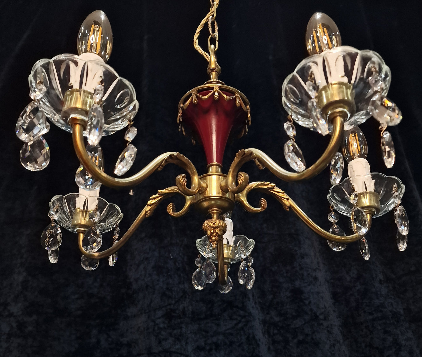 Unusual Vintage French Heavy Brass Empire Style 5 Arm Crystal Chandelier Light