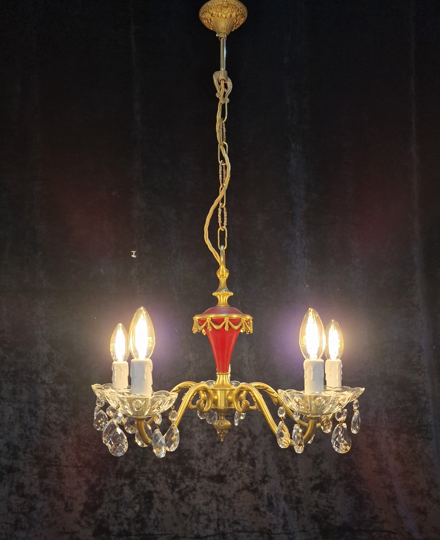 Unusual Vintage French Heavy Brass Empire Style 5 Arm Crystal Chandelier Light