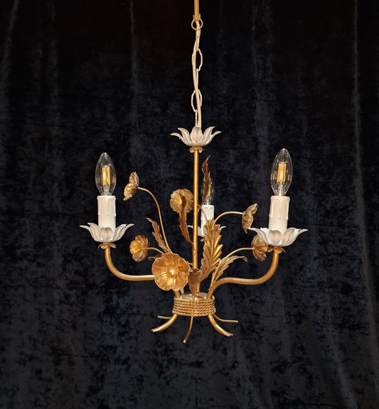 Lovely Petite Vintage French 3 Arm Gilded & Enamel Flower Toleware Chandelier