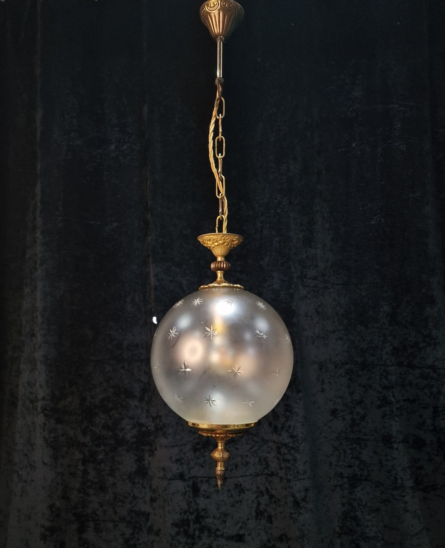 Beautiful Vintage Italian Glass Globe Stars Brass Lantern Pendant Light