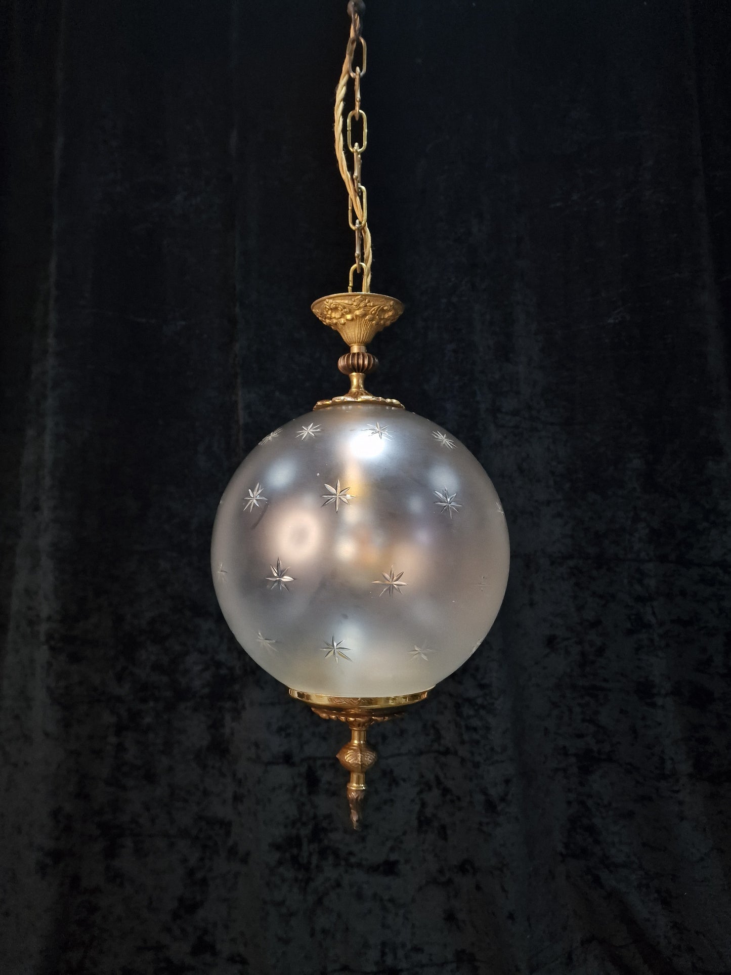 Beautiful Vintage Italian Glass Globe Stars Brass Lantern Pendant Light