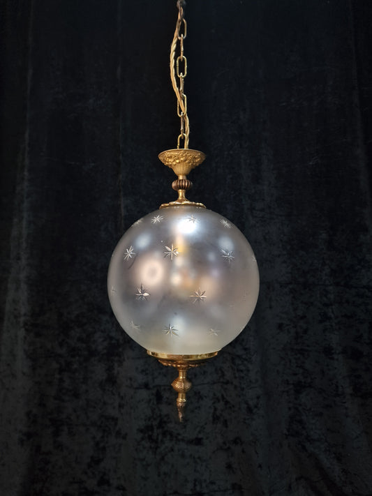 Beautiful Vintage Italian Glass Globe Stars Brass Lantern Pendant Light