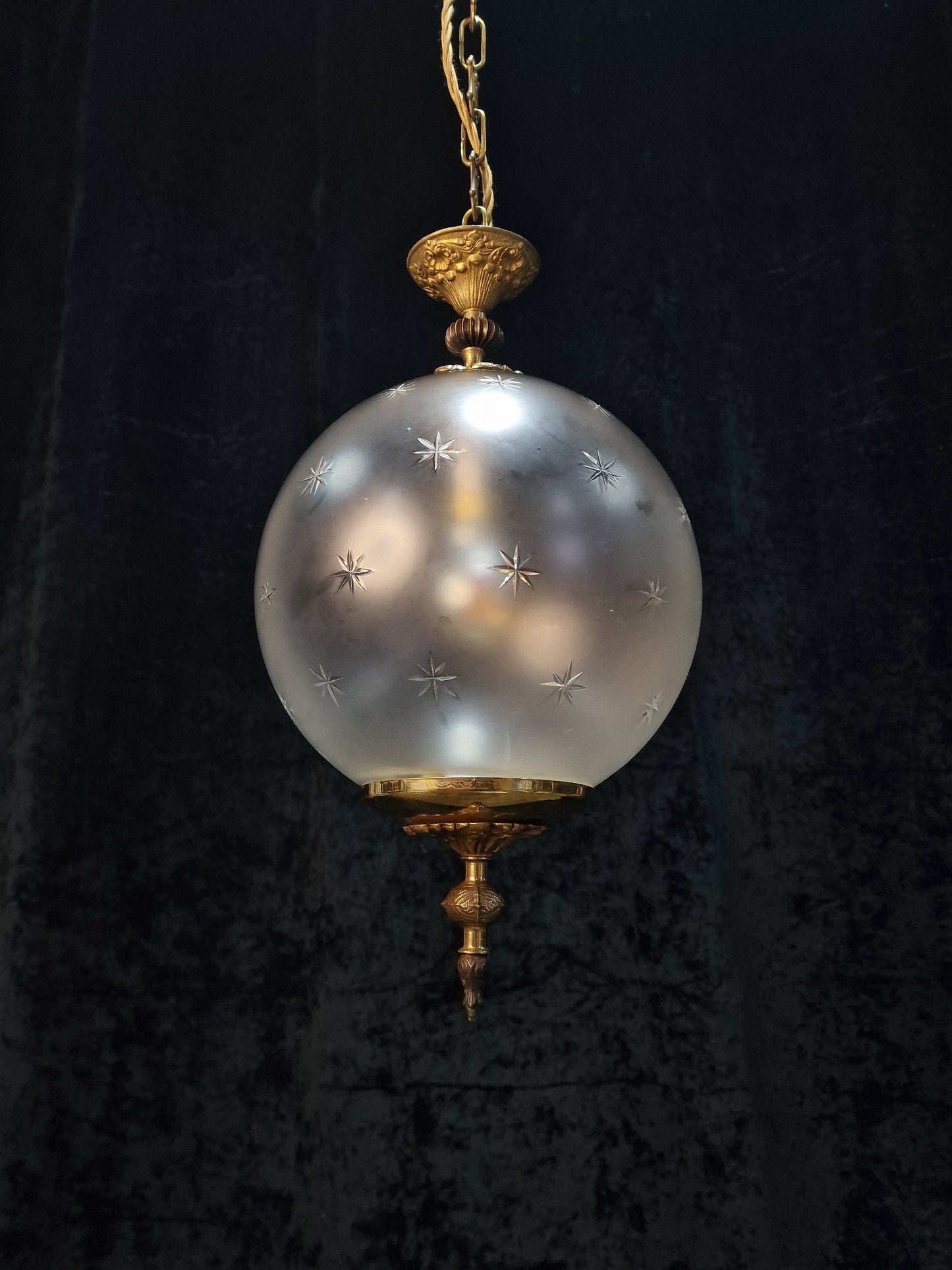 Beautiful Vintage Italian Glass Globe Stars Brass Lantern Pendant Light