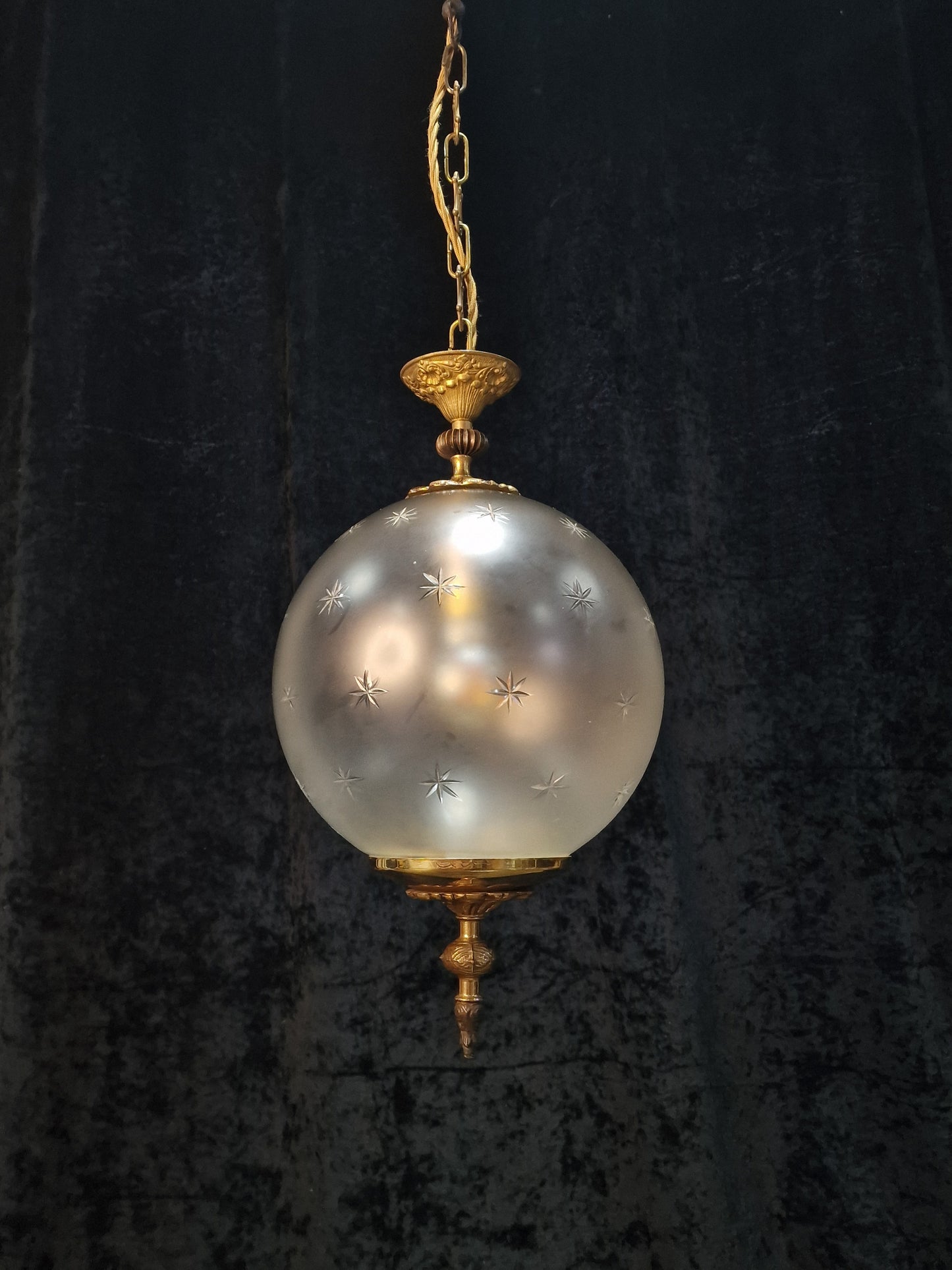 Beautiful Vintage Italian Glass Globe Stars Brass Lantern Pendant Light