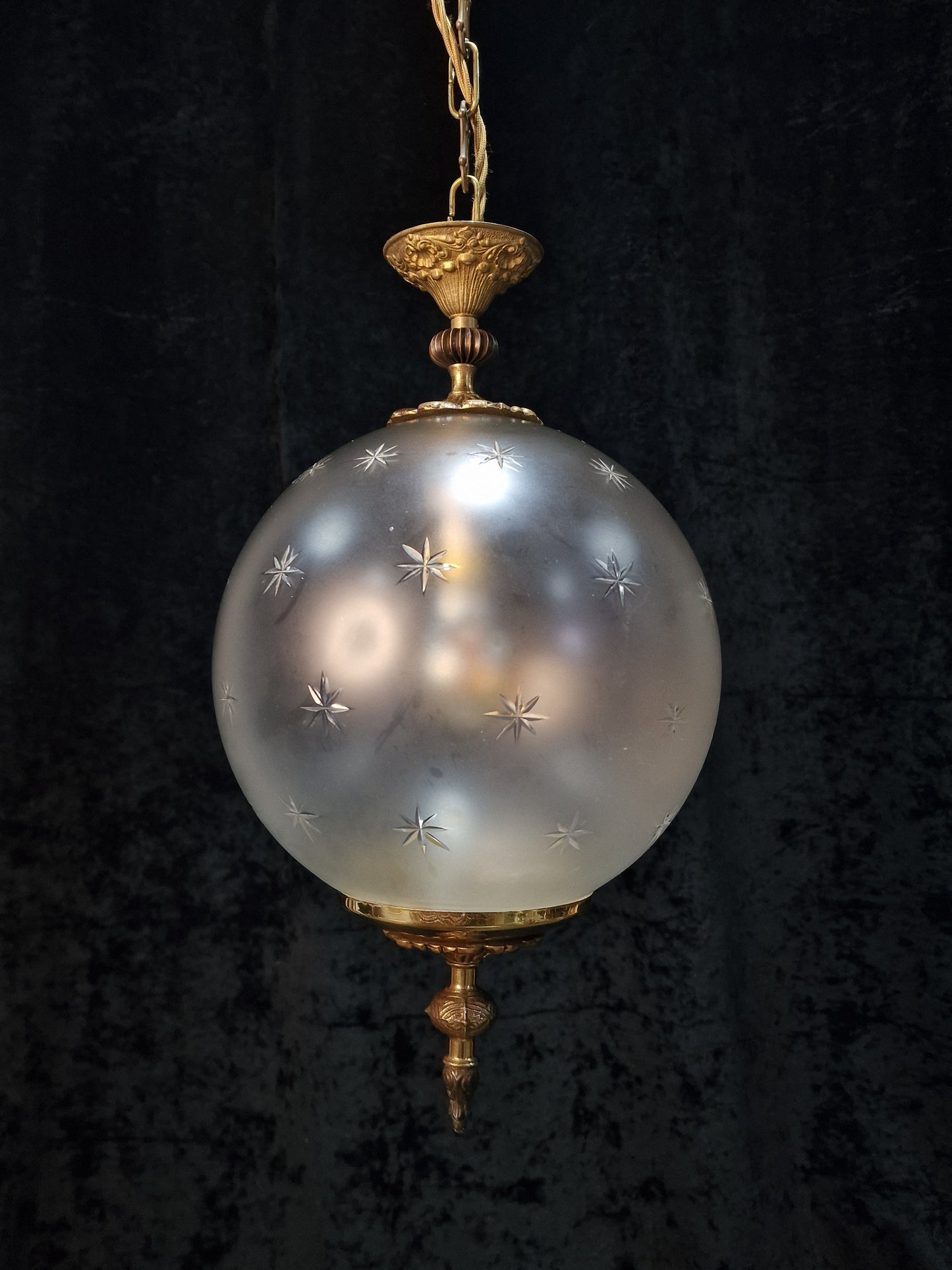 Beautiful Vintage Italian Glass Globe Stars Brass Lantern Pendant Light