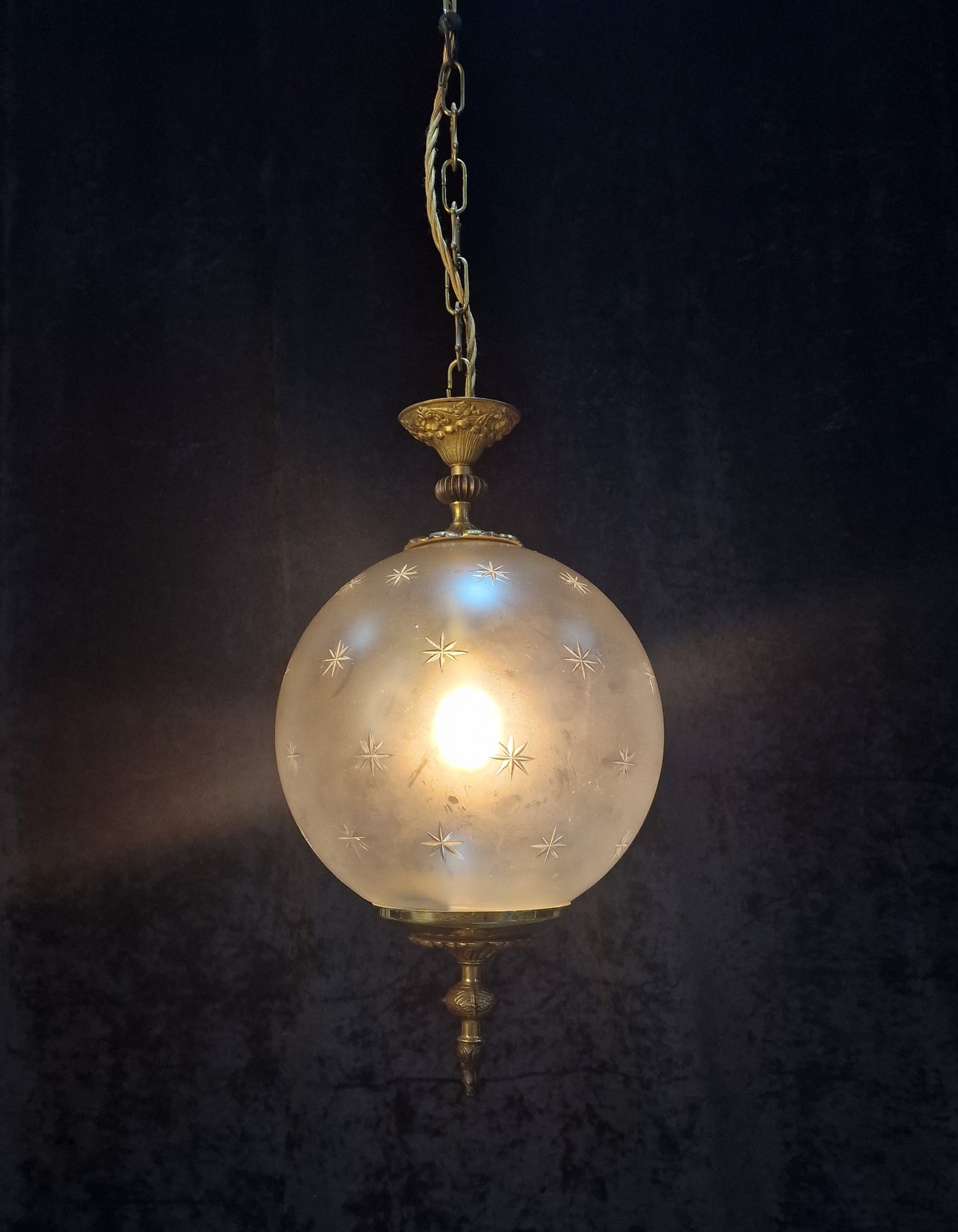 Beautiful Vintage Italian Glass Globe Stars Brass Lantern Pendant Light