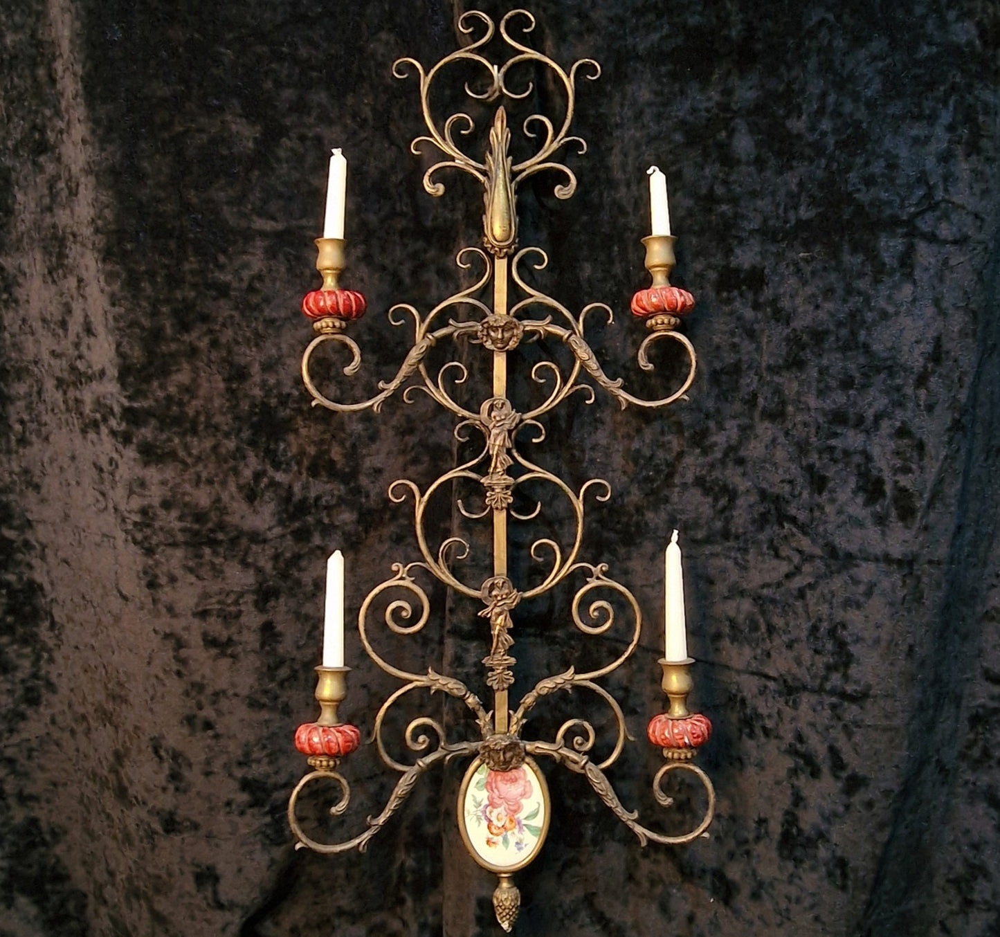 76 cm Tall Elegant Large Antique Italian 4 Arm Candle Brass Mythical Wall Light