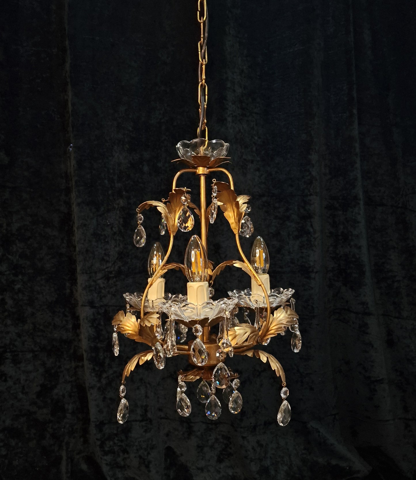 Pretty 3 Arm Gilded Cage  Vintage Toleware Leaf Crystal Chandelier Light