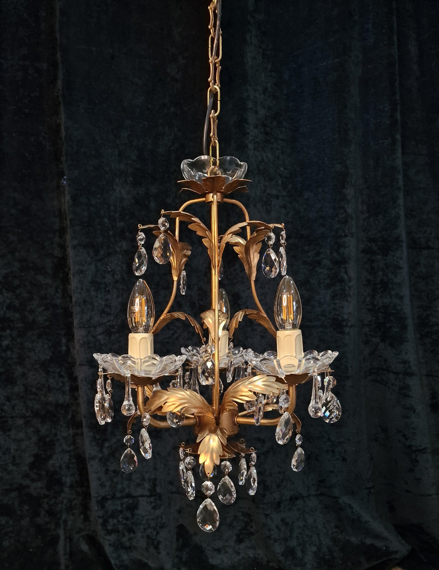 Pretty 3 Arm Gilded Cage  Vintage Toleware Leaf Crystal Chandelier Light